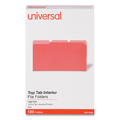 Universal Interior File Folders, 1/3-Cut Tabs: Assorted, Legal Size, 11-pt Stock, Red, 100/Box (UNV15303)