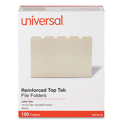 Universal Double-Ply Top Tab Manila File Folders, 1/5-Cut Tabs: Assorted, Letter Size, 0.75" Expansion, Manila, 100/Box (UNV16115)