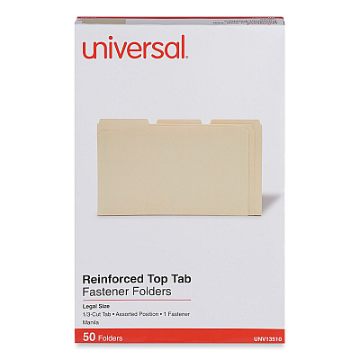 Universal Reinforced Top Tab Fastener Folders, 0.75" Expansion, 1 Fastener, Legal Size, Manila Exterior, 50/Box (UNV13510)