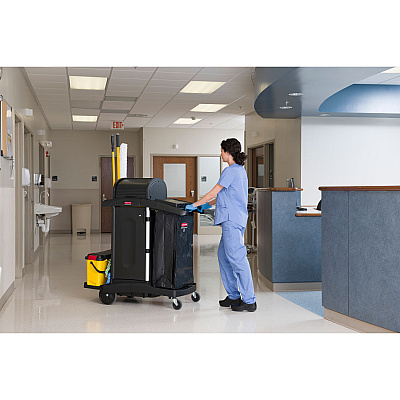 Rubbermaid Commercial Executive High Security Janitorial Cleaning Cart, Plastic, 4 Shelves, 1 Bin, 23.1" x 39.6" x 27.5", Black (RCP1861427)