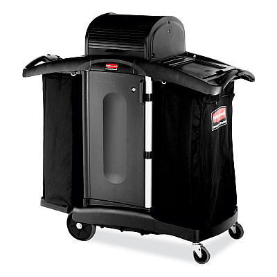 Rubbermaid Commercial High-Security Housekeeping Cart, Plastic, 3 Shelves, 2 Bins, 22" x 51.75" x 53.5", Black/Silver (RCP9T78)