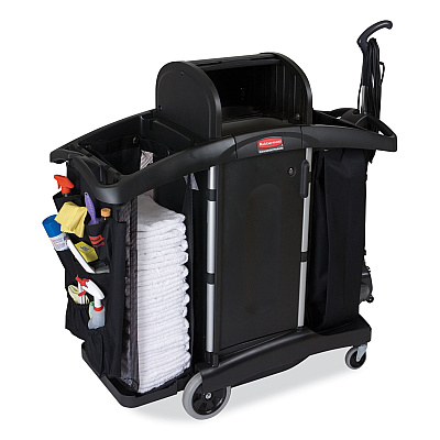 Rubbermaid Commercial High-Security Housekeeping Cart, Plastic, 3 Shelves, 2 Bins, 22" x 51.75" x 53.5", Black/Silver (RCP9T78)