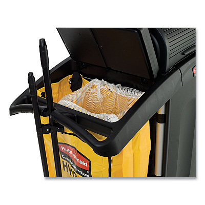 Rubbermaid Commercial High-Security Healthcare Cleaning Cart, Metal, 4 Shelves, 1 Bin, 22" x 48.25" x 53.5", Black (RCP9T7500BK)