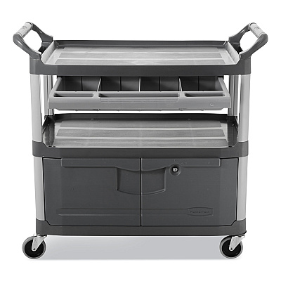 Rubbermaid Commercial Xtra Instrument Cart with Locking Storage Area, Plastic, 3 Shelves, 300 lb Capacity, 20" x 40.63" x 37.8", Gray (RCP4094GRA)