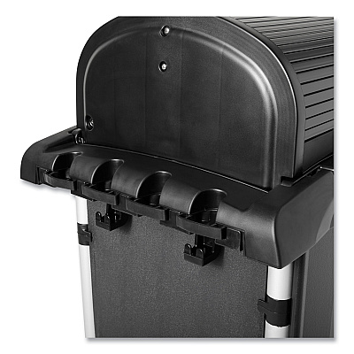 Rubbermaid Commercial Executive High Security Janitorial Cleaning Cart, Plastic, 4 Shelves, 1 Bin, 23.1" x 39.6" x 27.5", Black (RCP1861427)