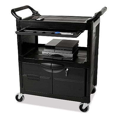 Rubbermaid Commercial Utility Cart with Locking Doors, Plastic, 3 Shelves, 200 lb Capacity, 33.63" x 18.63" x 37.75", Black (RCP345700BLA)