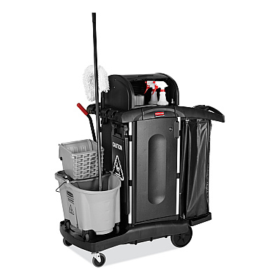 Rubbermaid Commercial Executive High Security Janitorial Cleaning Cart, Plastic, 4 Shelves, 1 Bin, 23.1" x 39.6" x 27.5", Black (RCP1861427)
