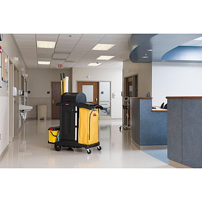 Rubbermaid Commercial High-Security Healthcare Cleaning Cart, Metal, 4 Shelves, 1 Bin, 22" x 48.25" x 53.5", Black (RCP9T7500BK)