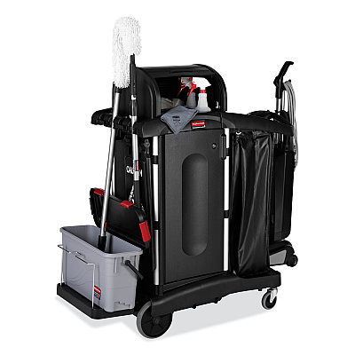 Rubbermaid Commercial Executive High Security Janitorial Cleaning Cart, Plastic, 4 Shelves, 1 Bin, 23.1" x 39.6" x 27.5", Black (RCP1861427)