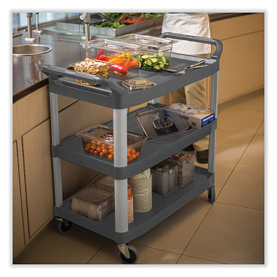 Rubbermaid Commercial Xtra Utility Cart with Open Sides, Plastic, 3 Shelves, 300 lb Capacity, 20" x 40.63" x 37.8", Gray (RCP4091GRA)