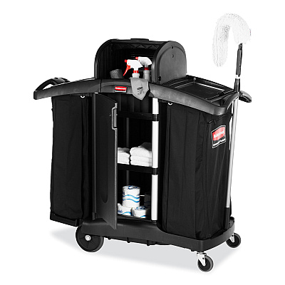Rubbermaid Commercial High-Security Housekeeping Cart, Plastic, 3 Shelves, 2 Bins, 22" x 51.75" x 53.5", Black/Silver (RCP9T78)