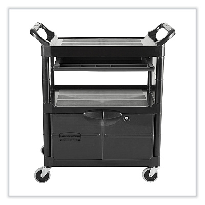 Rubbermaid Commercial Utility Cart with Locking Doors, Plastic, 3 Shelves, 200 lb Capacity, 33.63" x 18.63" x 37.75", Black (RCP345700BLA)
