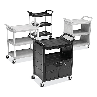 Rubbermaid Commercial Utility Cart with Locking Doors, Plastic, 3 Shelves, 200 lb Capacity, 33.63" x 18.63" x 37.75", Black (RCP345700BLA)