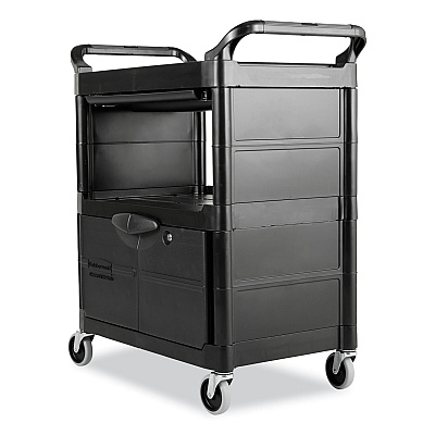 Rubbermaid Commercial Utility Cart with Locking Doors, Plastic, 3 Shelves, 200 lb Capacity, 33.63" x 18.63" x 37.75", Black (RCP345700BLA)