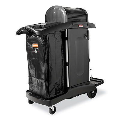 Rubbermaid Commercial Executive High Security Janitorial Cleaning Cart, Plastic, 4 Shelves, 1 Bin, 23.1" x 39.6" x 27.5", Black (RCP1861427)