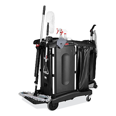 Rubbermaid Commercial Executive High Security Janitorial Cleaning Cart, Plastic, 4 Shelves, 1 Bin, 23.1" x 39.6" x 27.5", Black (RCP1861427)