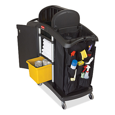 Rubbermaid Commercial High-Security Housekeeping Cart, Plastic, 3 Shelves, 2 Bins, 22" x 51.75" x 53.5", Black/Silver (RCP9T78)