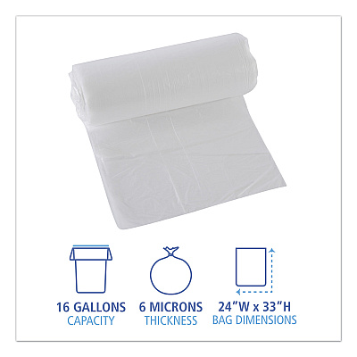 Boardwalk High-Density Can Liners, 16 gal, 6 mic, 24" x 33", Natural, Perforated Roll, 50 Bags/Roll, 20 Rolls/Carton (BWK243306)