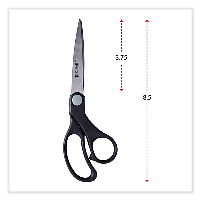 Universal Stainless Steel Office Scissors, 8.5" Long, 3.75" Cut Length, Offset Black Handle (UNV92010)