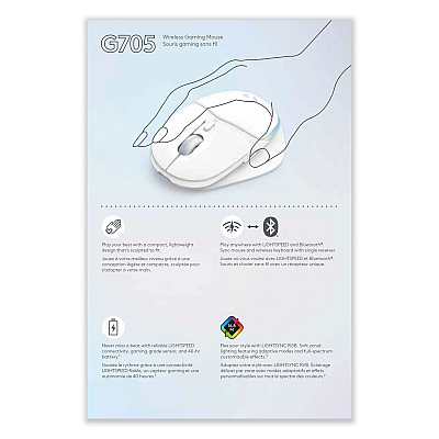 Logitech G705 Wireless Gaming Mouse, 2.4 GHz Frequency/33 ft Wireless Range, Right Hand Use, White (LOG910006365)