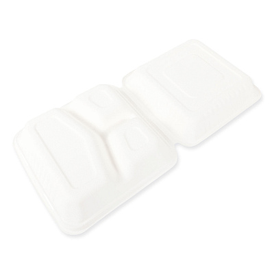 AmerCareRoyal Bagasse PFAS-Free Food Containers, 3-Compartment, 9 x 9 x 3.19, White, Bamboo/Sugarcane, 200/Carton (RPPHL93NPFA)