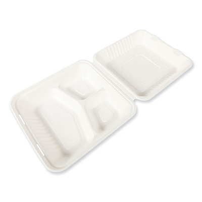AmerCareRoyal Bagasse PFAS-Free Food Containers, 3-Compartment, 9 x 9 x 3.19, White, Bamboo/Sugarcane, 200/Carton (RPPHL93NPFA)