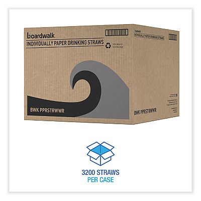 Boardwalk Individually Wrapped Paper Straws, 7.75" x 0.25", White, 3,200/Carton (BWKPPRSTRWWR)