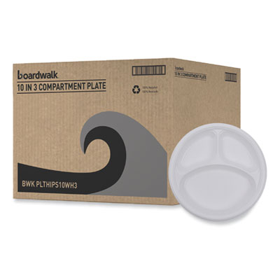 Boardwalk Hi-Impact Plastic Dinnerware, 3-Compartment Plate, 10" dia, White, 500/Carton (BWKPLTHIPS10WH3)