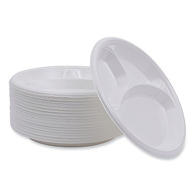 Boardwalk Hi-Impact Plastic Dinnerware, 3-Compartment Plate, 10" dia, White, 500/Carton (BWKPLTHIPS10WH3)