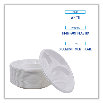 Boardwalk Hi-Impact Plastic Dinnerware, 3-Compartment Plate, 10" dia, White, 500/Carton (BWKPLTHIPS10WH3)
