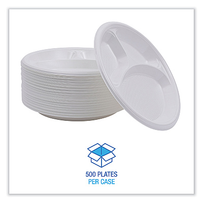 Boardwalk Hi-Impact Plastic Dinnerware, 3-Compartment Plate, 10" dia, White, 500/Carton (BWKPLTHIPS10WH3)