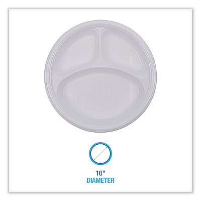 Boardwalk Hi-Impact Plastic Dinnerware, 3-Compartment Plate, 10" dia, White, 500/Carton (BWKPLTHIPS10WH3)