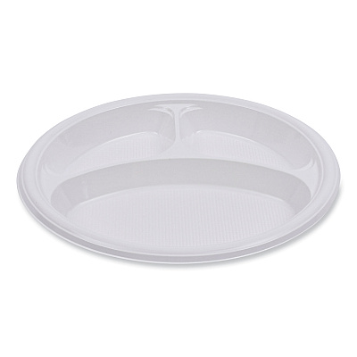 Boardwalk Hi-Impact Plastic Dinnerware, 3-Compartment Plate, 10" dia, White, 500/Carton (BWKPLTHIPS10WH3)