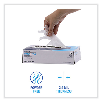 Boardwalk General Purpose Vinyl Gloves, Powder/Latex-Free, 2.6 mil, Medium, Clear, 100/Box (BWK365MBX)