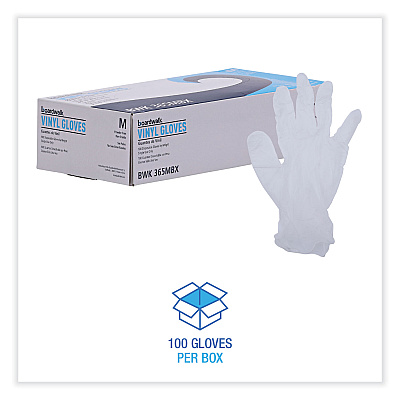 Boardwalk General Purpose Vinyl Gloves, Powder/Latex-Free, 2.6 mil, Medium, Clear, 100/Box (BWK365MBX)