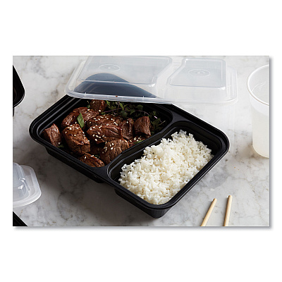 Pactiv Evergreen Newspring VERSAtainer Microwavable Containers, Rectangular, 2-Compartment, 30 oz, 6 x 8.5 x 2.5, Black/Clear, Plastic, 150/CT (PCTNC8288B)