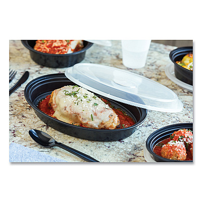 Pactiv Evergreen Newspring VERSAtainer Microwavable Containers, Oval, 24 oz, 9.1 x 6.7 x 1.45, Black/Clear, Plastic, 150/Carton (PCTOC24B)