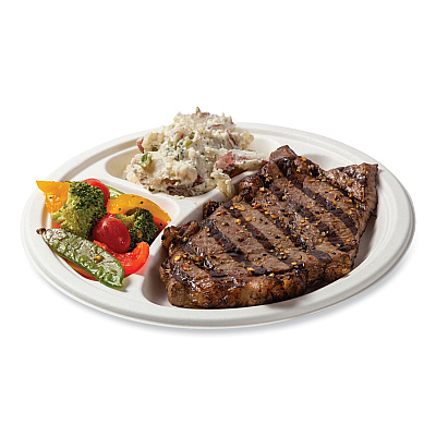 AmerCareRoyal Bagasse PFAS-Free Dinnerware, 3-Compartment Plate, 10.24" dia, White, 500/Carton (RPPPL11NPFA)