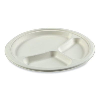 AmerCareRoyal Bagasse PFAS-Free Dinnerware, 3-Compartment Plate, 10.24" dia, White, 500/Carton (RPPPL11NPFA)