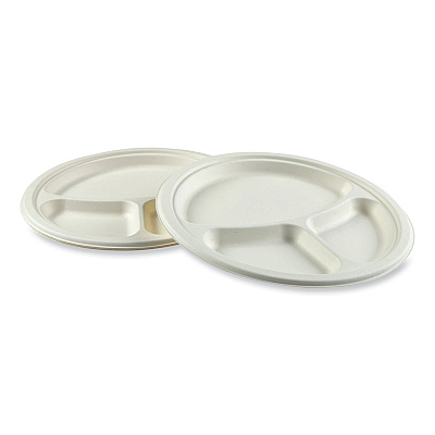 AmerCareRoyal Bagasse PFAS-Free Dinnerware, 3-Compartment Plate, 10.24" dia, White, 500/Carton (RPPPL11NPFA)