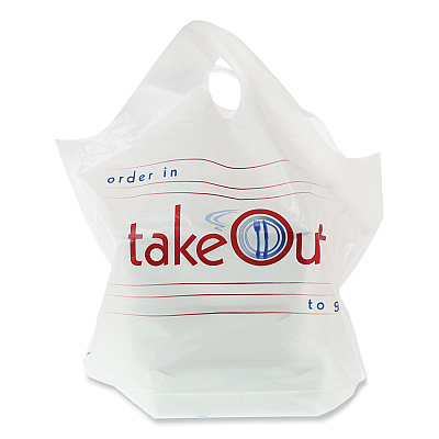 AmerCareRoyal Wave Top To-Go Bags, Take-Out Labeling, Cut-Out Handles, 19" x 9.5" x 19", White/Blue/Red, 500/Carton (RPPRPWB1919)
