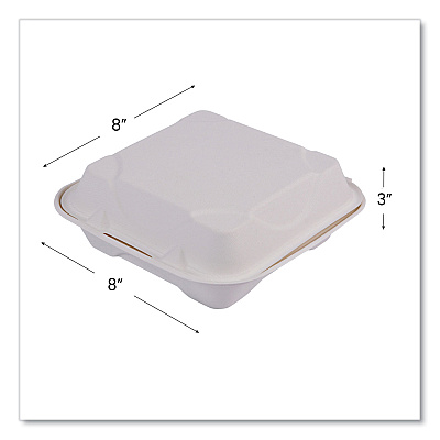 Eco-Products Bagasse Hinged Clamshell Containers, 8 x 8 x 3, White, 200/Carton (ECOEPHC81)