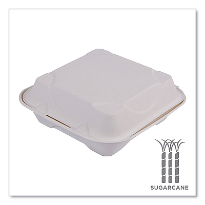 Eco-Products Bagasse Hinged Clamshell Containers, 8 x 8 x 3, White, 200/Carton (ECOEPHC81)