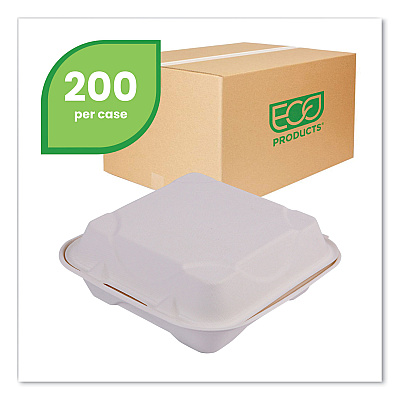 Eco-Products Bagasse Hinged Clamshell Containers, 8 x 8 x 3, White, 200/Carton (ECOEPHC81)