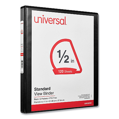 Universal Slant D-Ring View Binder, 3 Rings, 0.5" Capacity, 11 x 8.5, Black (UNV20701)
