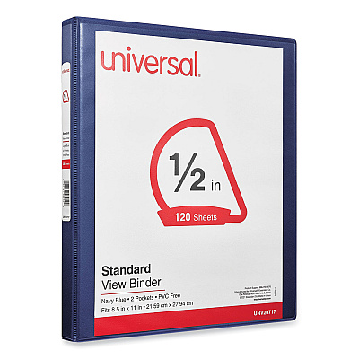 Universal Slant D-Ring View Binder, 3 Rings, 0.5" Capacity, 11 x 8.5, Navy Blue (UNV20717)