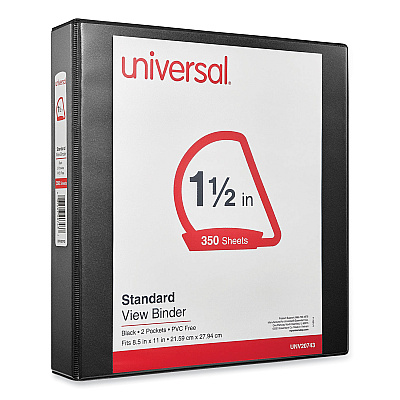 Universal Slant D-Ring View Binder, 3 Rings, 1.5" Capacity, 11 x 8.5, Black (UNV20743)