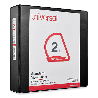 Universal Slant D-Ring View Binder, 3 Rings, 2" Capacity, 11 x 8.5, Black, 6/Carton (UNV20745PK)