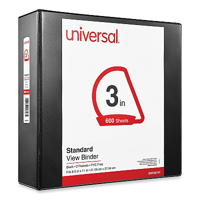 Universal Slant D-Ring View Binder, 3 Rings, 3" Capacity, 11 x 8.5, Black (UNV20747)