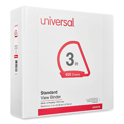 Universal Slant D-Ring View Binder, 3 Rings, 3" Capacity, 11 x 8.5, White (UNV20748)